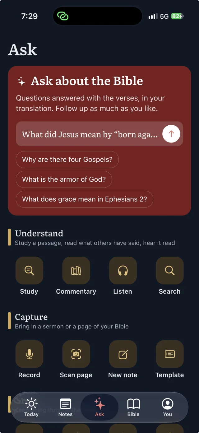 The Ask tab in Sermon Bible: a question box about the Bible above tools to study, read commentary, listen, record and scan.