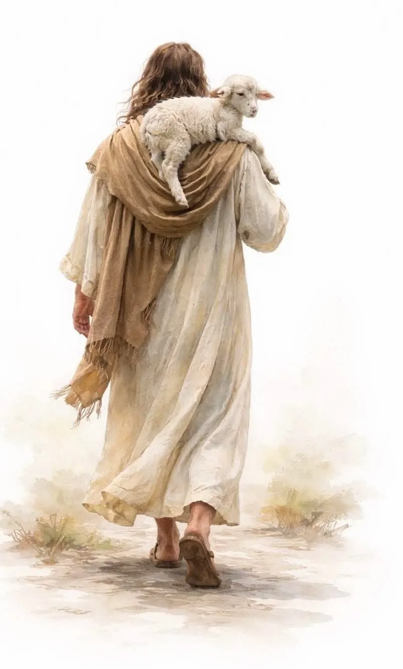 Jesus walking away with a lamb carried on his shoulders.